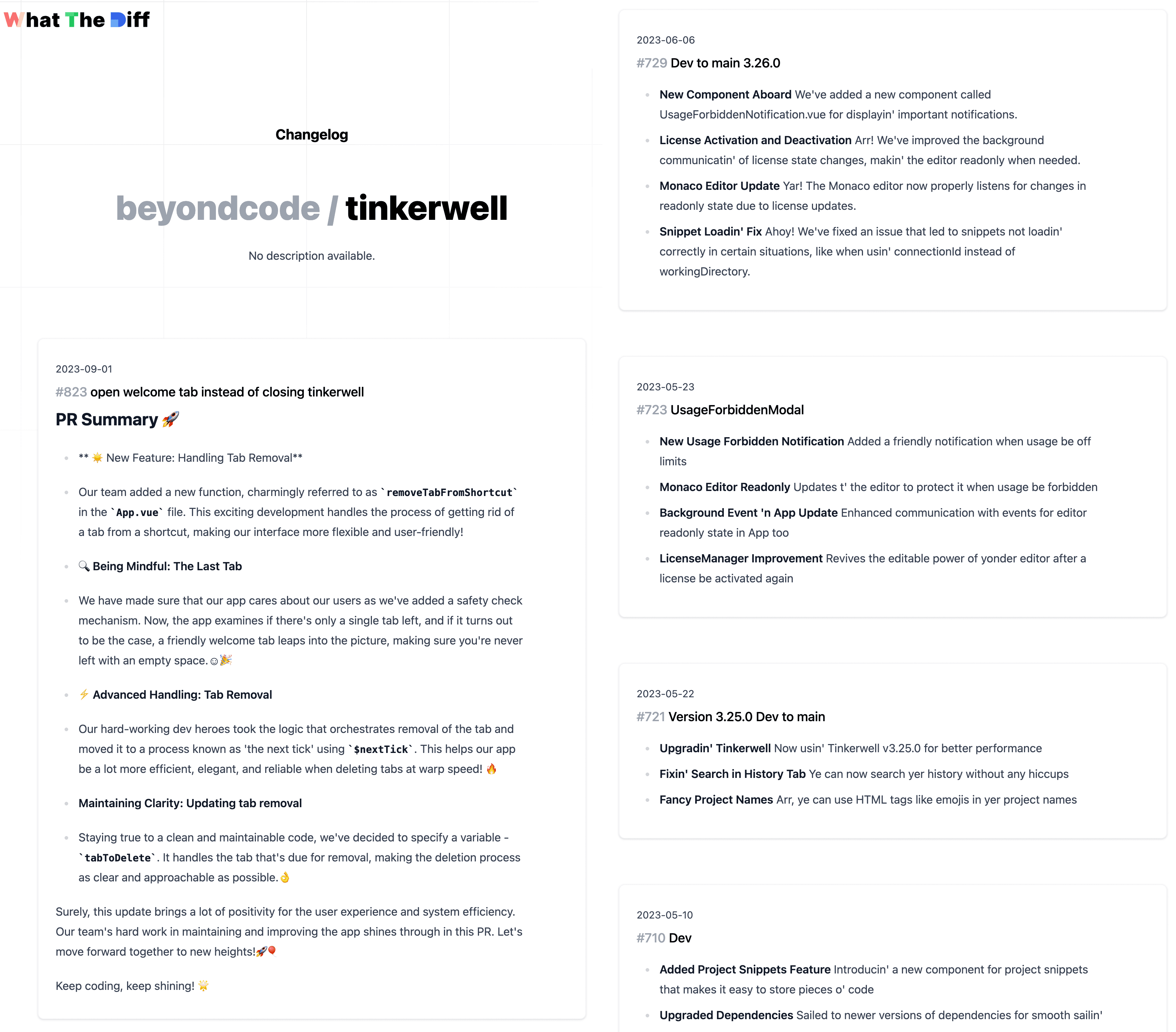 A public changelog generated from pull request descriptions