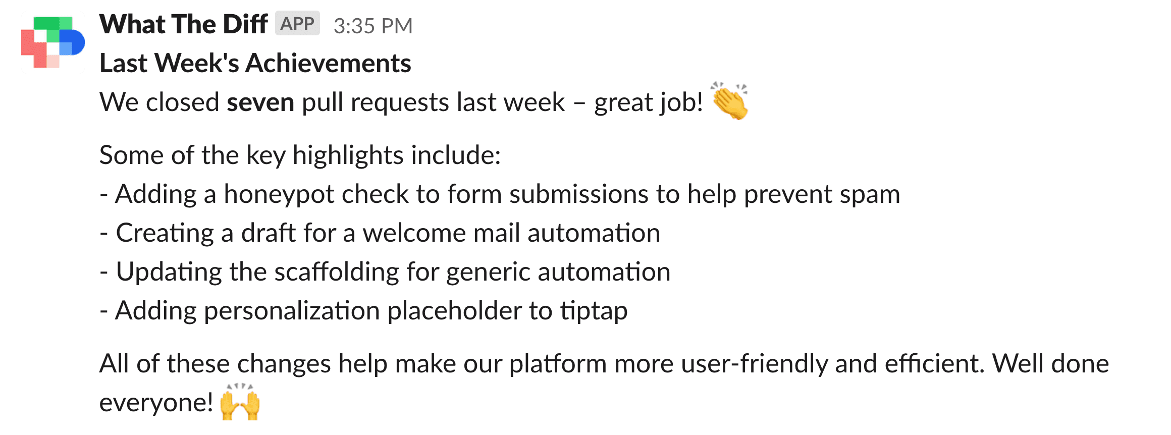 A weekly progress report delivered in Slack