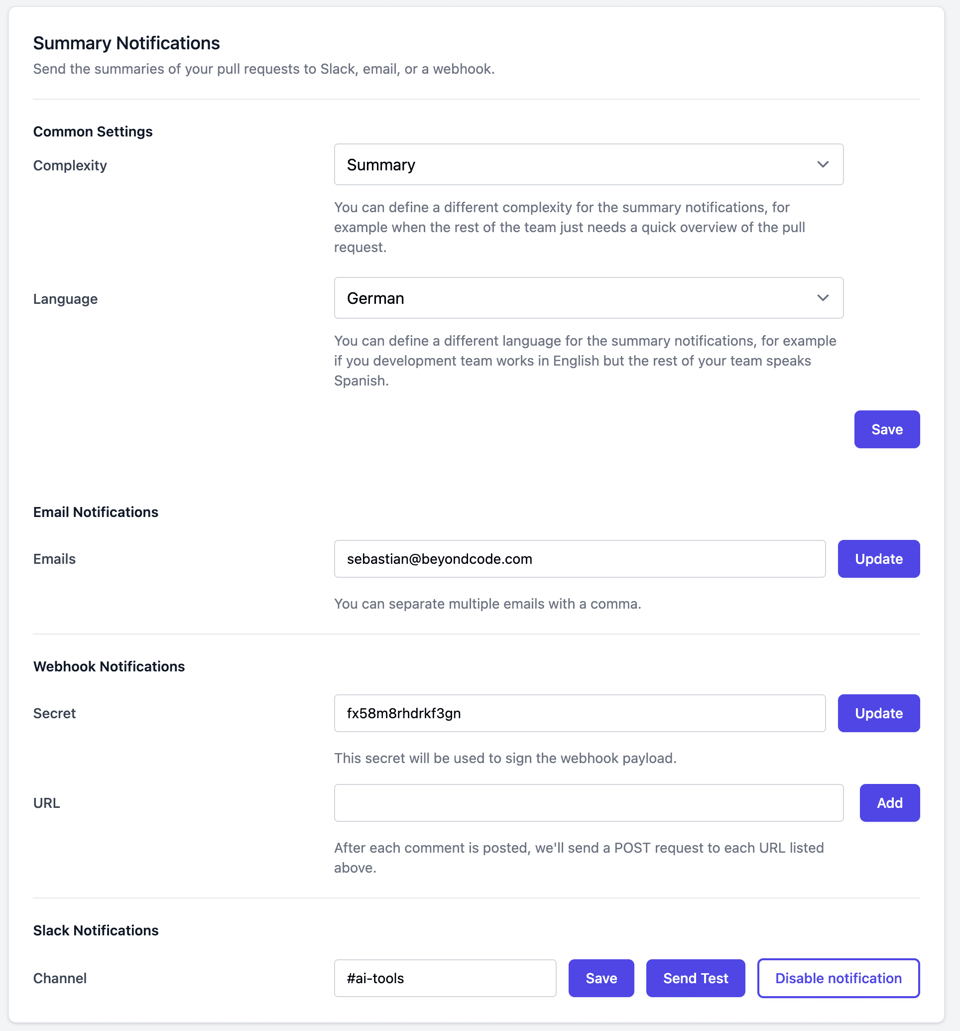 Settings for pull request summary notifications